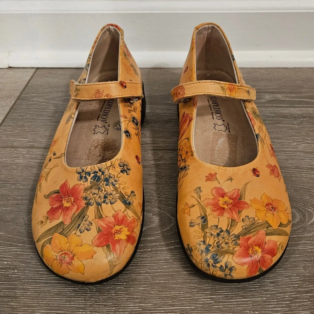Arcopedico Floral Leather Mary Jane Flats Peach Botanical Ladybug Shoes 41 10